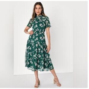 Lulu's Floral Dressed Up Dark Green Floral Print Midi Dress